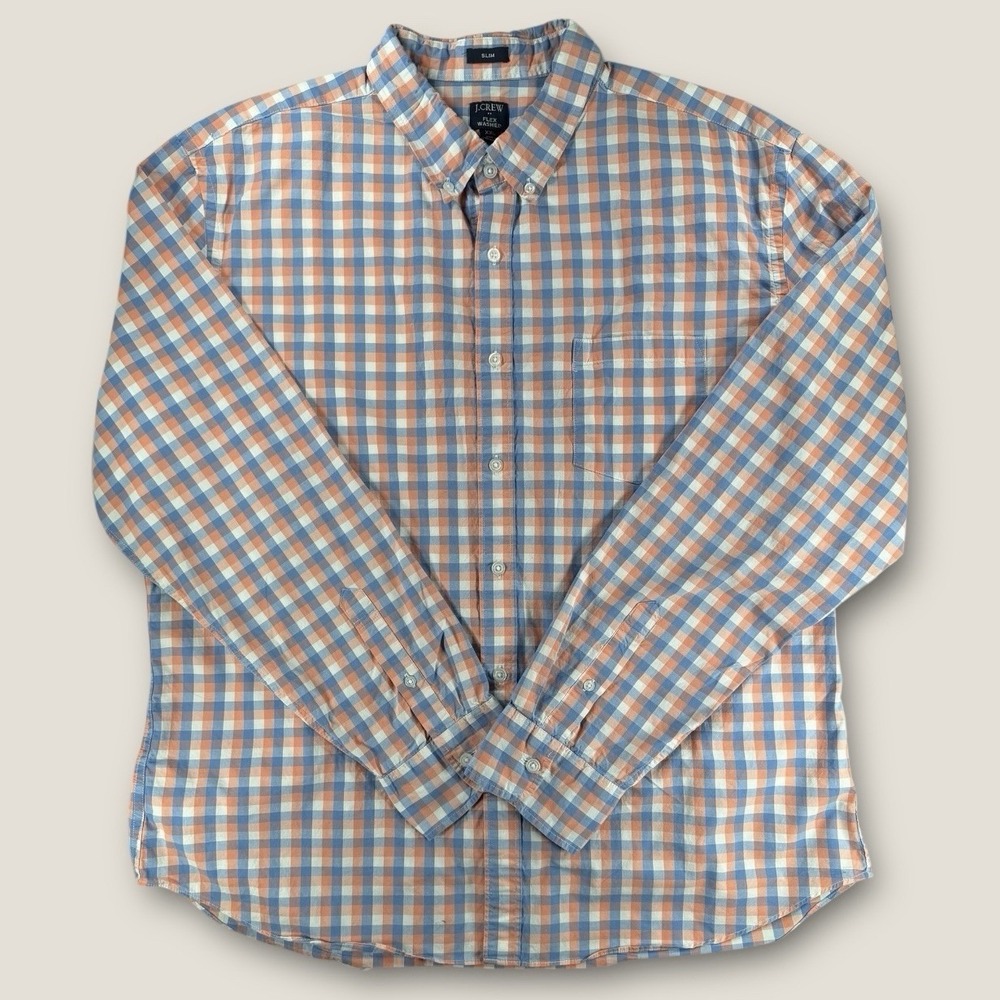 J. Crew Flex Washed Slim Fit Green/Peach Check Oxford Casual‎ Shirt Size 2XL New